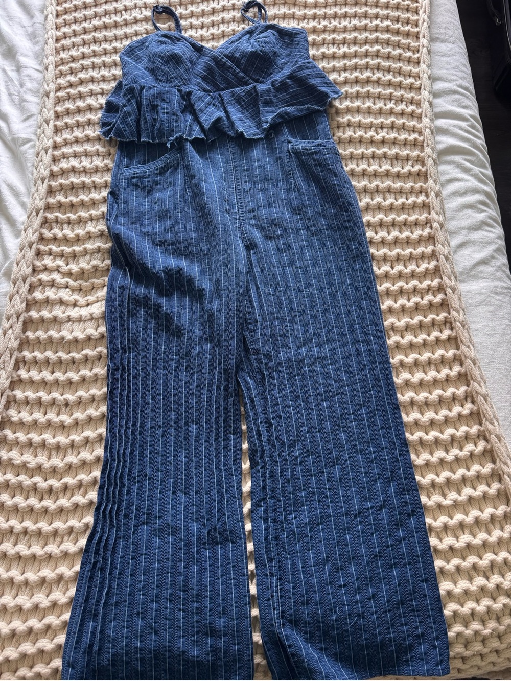Anthropologie Navy Blue Striped Wide-Leg Jumpsuit